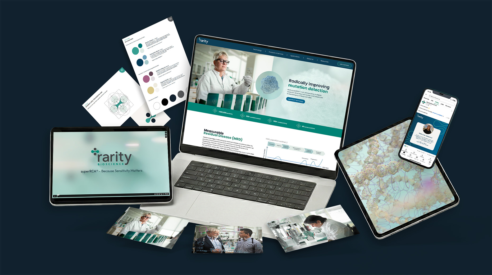 Rarity Bioscience nya webbplats och grafiska material på laptop, surfplatta och mobil