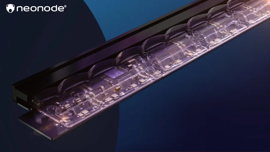 Neonodes sensormodul med optik och hölje, 3D-visualisering