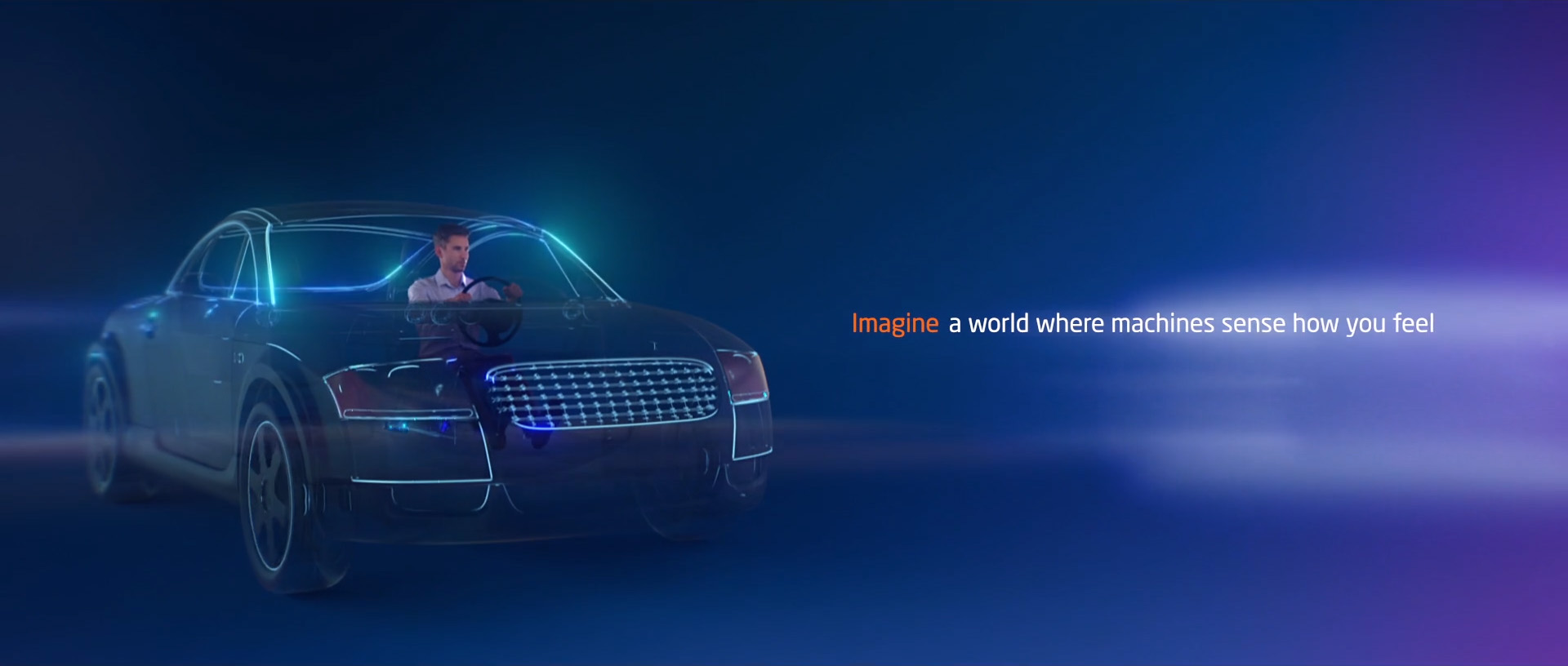 Bil med kontaktlös sensorteknik och texten Imagine a world where machines sense how you feel