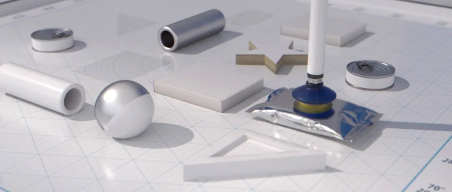 Geometriska objekt och en robotgripare på vit yta, bild ur SICS AI-filmen
