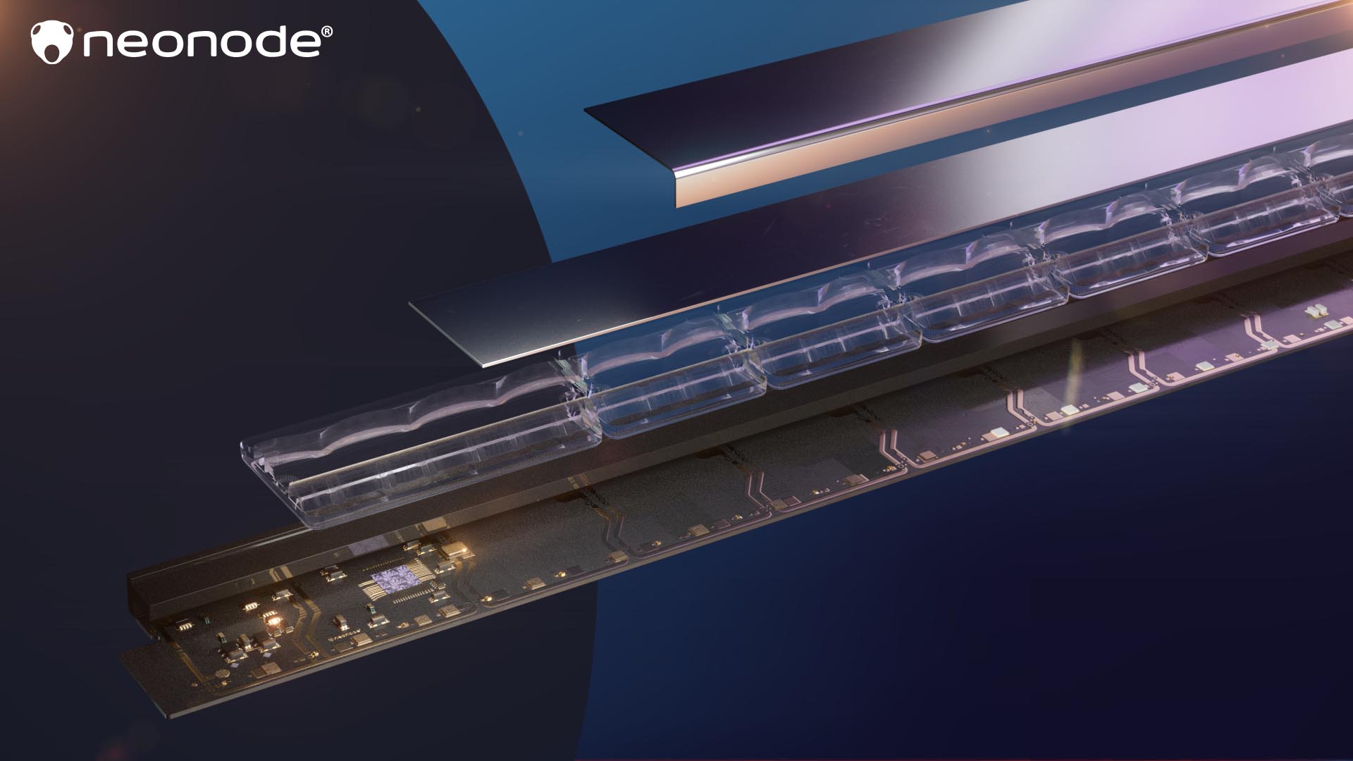 Neonodes sensormodul i sprängskiss, 3D-visualisering