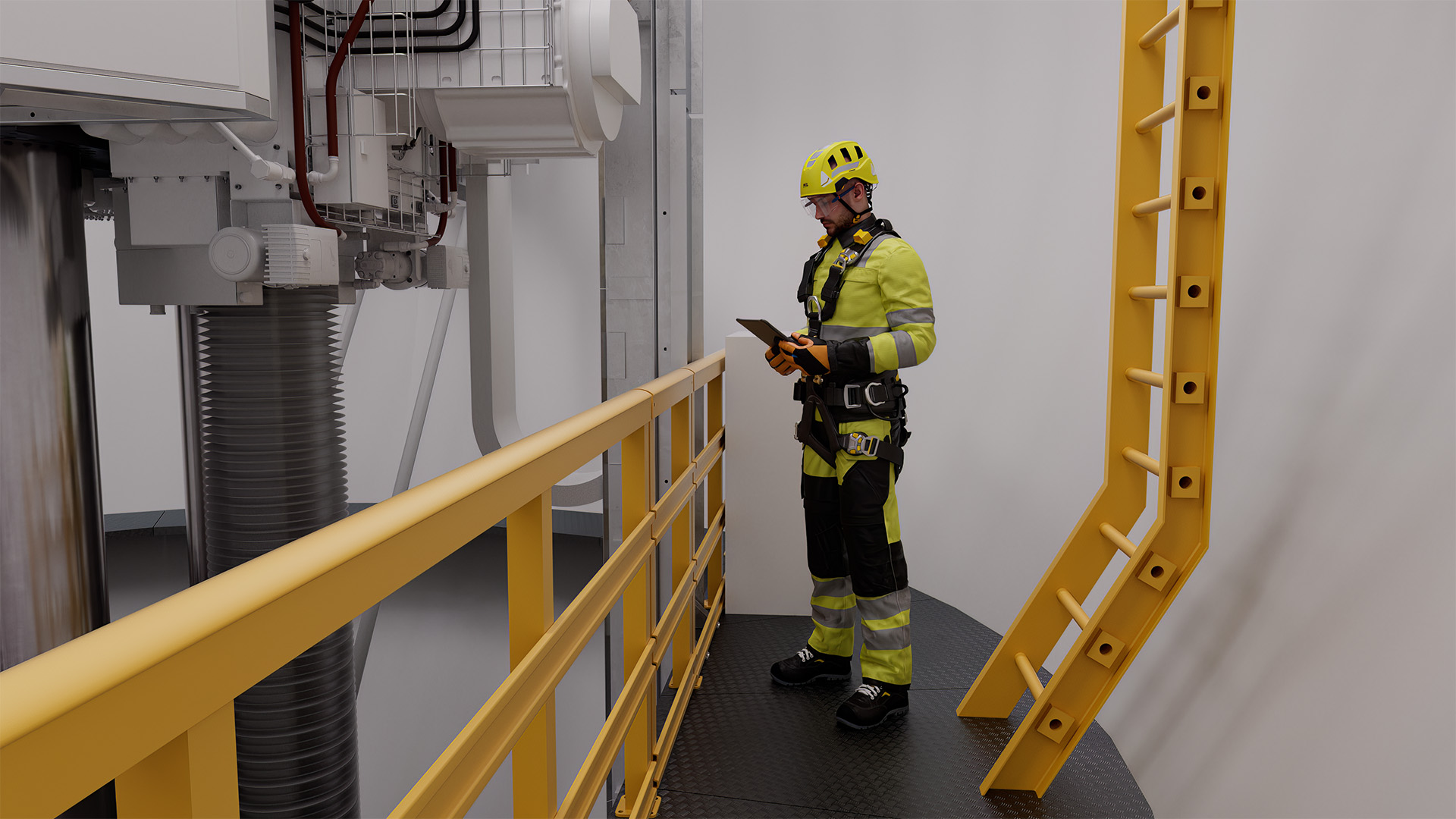 Servicetekniker i skyddsutrustning inne i vågkraftsbojen, 3D-visualisering