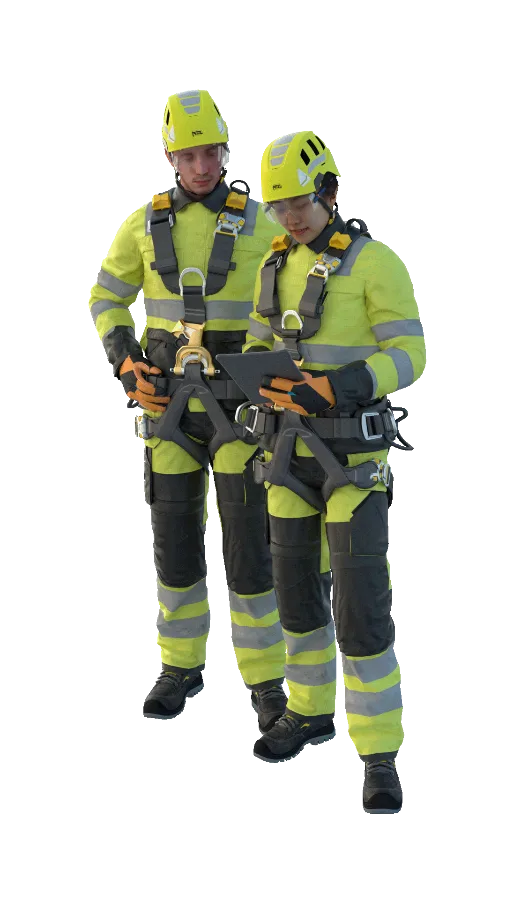 Två servicetekniker i varselkläder och sele, 3D-modell