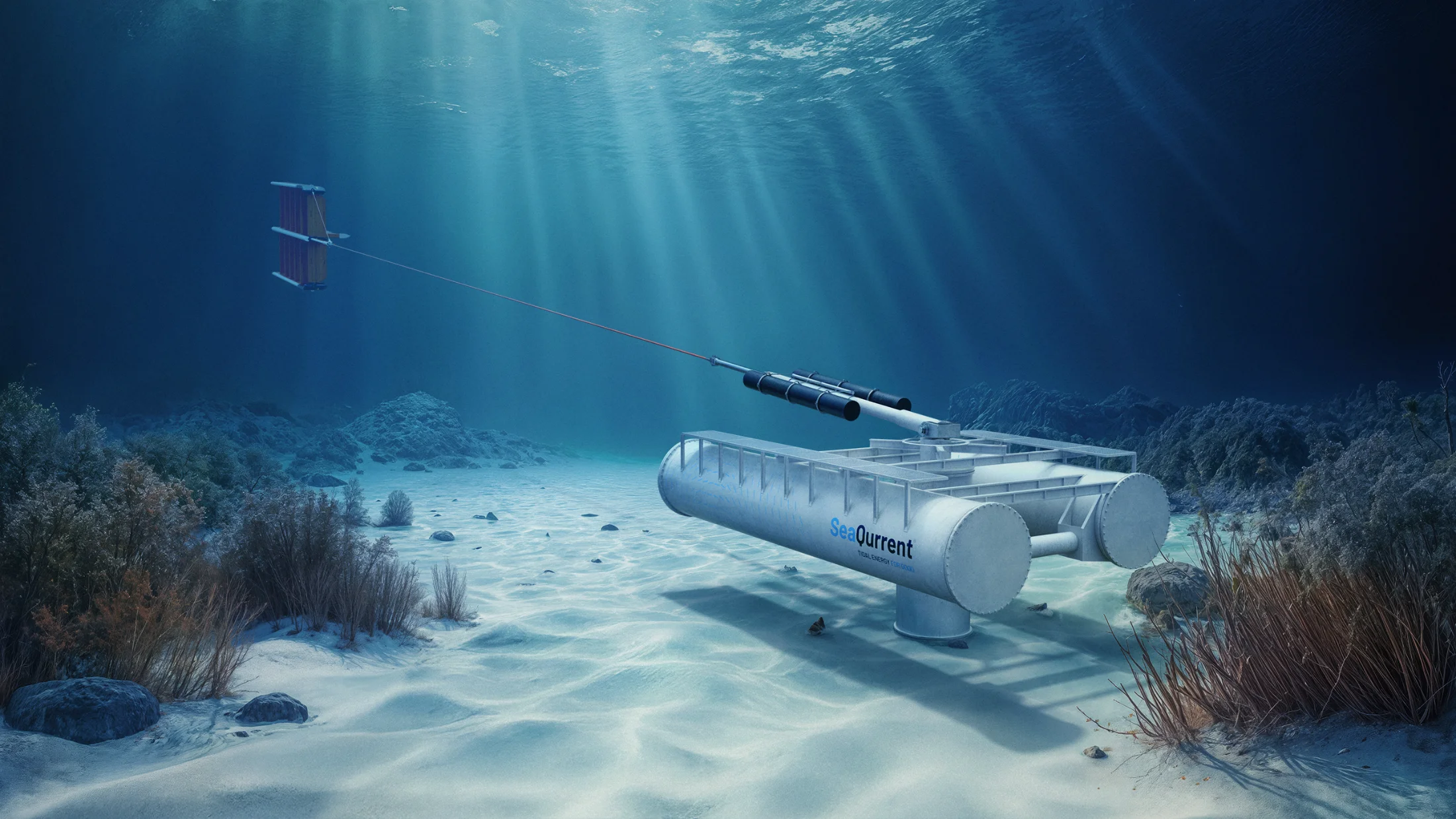 SeaQurrents TidalKite-system på havsbotten med drake kopplad via lina, 3D-visualisering