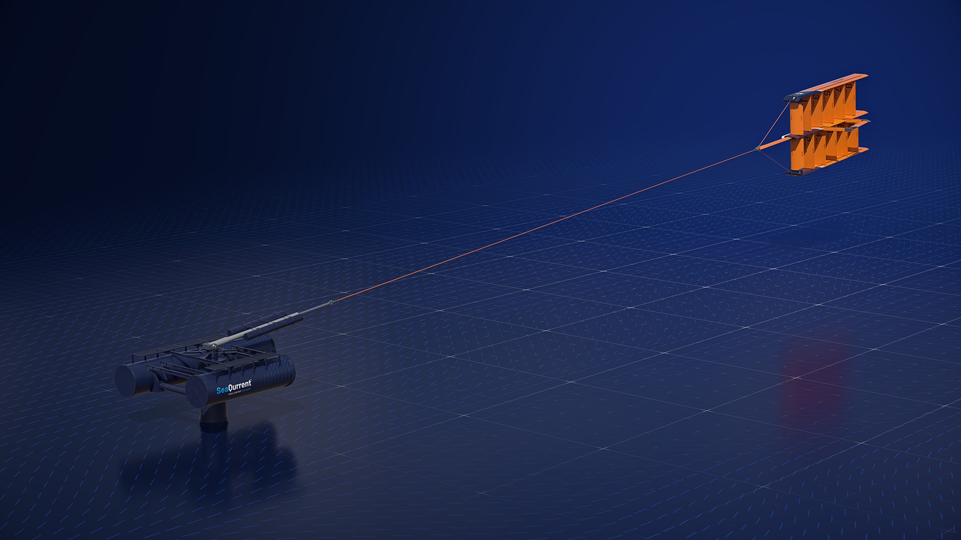 TidalKite-draken och bottenenheten förbundna med lina mot mörkblå bakgrund, 3D-visualisering