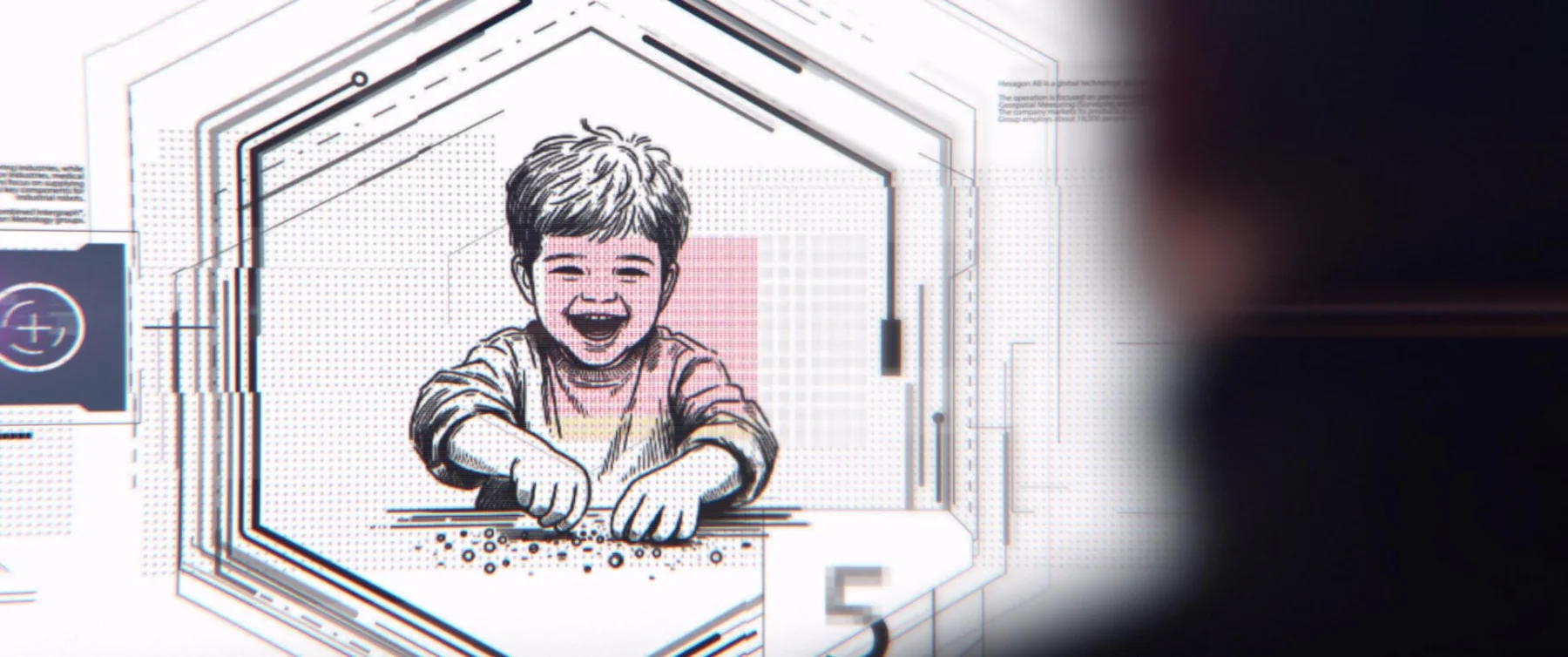 Illustrerat glatt barn som leker med föremål i en hexagonram, bild ur SICS AI-filmen